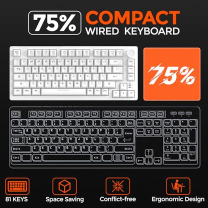 DAREU EK75 Wired Mechanical Keyboard,75% Keyboard with Volume Knob,Gasket Mount Mechanical Gaming Keyboards,81 Keys Rainbow Sidelit,PBT Keycaps,Linear Dream Switch for PC Laptop - White - color: White