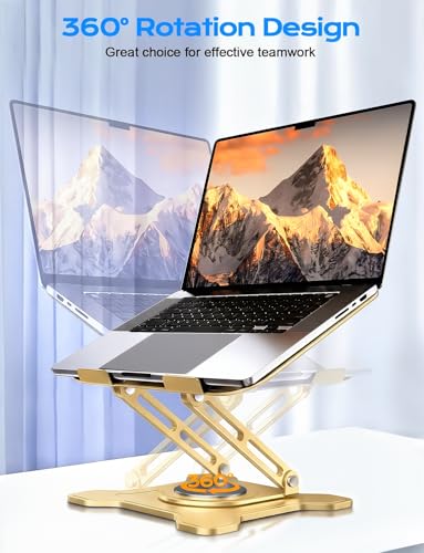 JCZT 360° Rotating Laptop Stand for Desk, Metal Foldable Laptop Riser Gold | Ergonomic Portable Adjustable Laptop Stand, Ventilated Cooling Notebook Holder for MacBook Air Pro, All 10-16'' Laptops - color: Gold