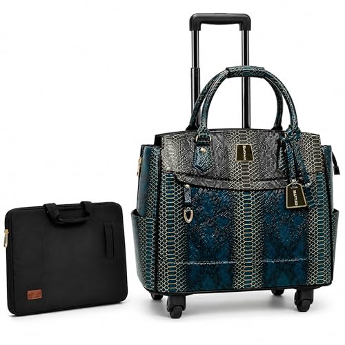 Rolling Laptop Bag for Women with Wheels & Handle Luxury Pure Leather Embossed Work Bag with Laptop Sleeve Travel Briefcase - color: Teal & Shadow