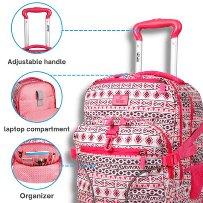 J World Lunar Rolling Backpack. Laptop Bag With Wheels. Wheeled Carry-On Travel Luggage, Skandi Pink, 19.5 x 13 x 8 Inches
