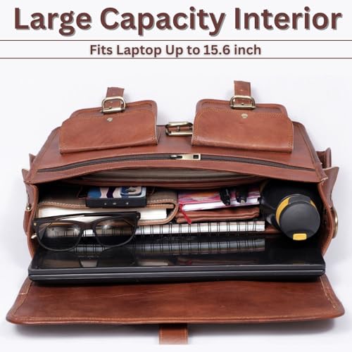 Genuine Leather Messenger Bag for Men & Women, Handmade Vintage Laptop Shoulder Bags with Adjustable Strap, Crossbody Briefcase for Office, College and Travel - 18 Inch, Brown