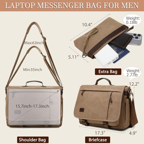 17.3 Inch Messenger Bag for Men: 2PCS Laptop Bag PU Leather Canvas Work Briefcase Large Office - color: Canvas Brown Khaki