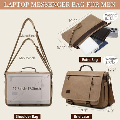 17.3 Inch Messenger Bag for Men: 2PCS Laptop Bag PU Leather Canvas Work Briefcase Large Office - color: Canvas Brown Khaki
