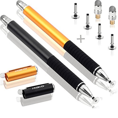 MEKO(2 Pcs) [2 in 1 Precision Series] Disc Stylus/Styli for All Touch Screen Devices Bundle with 4 Replaceable Disc Tips, 2 Replaceable Fiber Tips - (Black/Gold) | MEKO 1st Gen Passive Stylus, Fiber & Rubber Tips with Clip, Compatiable with All Touch Scre