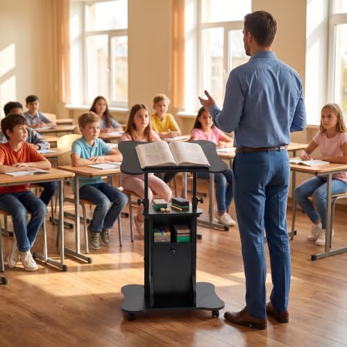 GIANTEX Mobile Podium Stand, Sit-to-Stand Laptop Cart (Black, 1 Pack) | Tilting Tabletop & Storage Cabinet, Lockable Casters, Height-adjustable Rolling Lectern for Classroom, Church, Home Office - color: Black