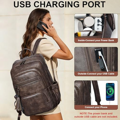 Shrrie 17 Inch Laptop Backpack for Women,Vegan Leather Backpack Purse,28L Work Business College Travel Computer Backpacks with Pouch Pocket for Large Capacity Cup & USB Charger,Chocolate - color: Chocolate