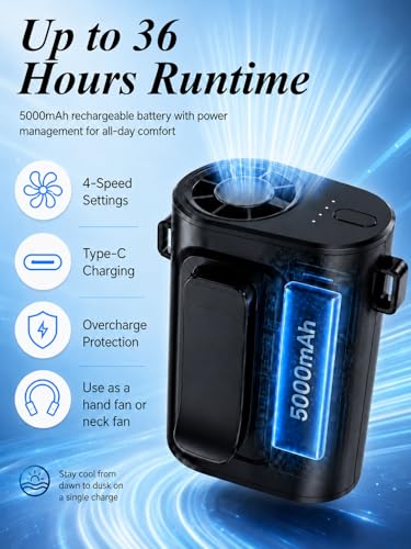 Waist Fan Portable Ultra Lightweight Design | Belt Clip on Fan for Shirt, Up to 36H Runtime, High Speed 18000RPM Strong Airflow, Neck Body Fan Camping Essentials