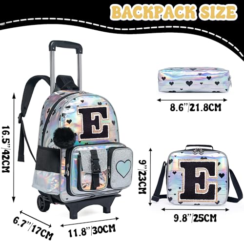 HTgroce Cute Rolling Backpack with Wheel,School Backpack for Kids Girl Roller Schoolbag Wheeled Backpacks Set Carry-on Luggage,Initial E - color: Silver, style: E