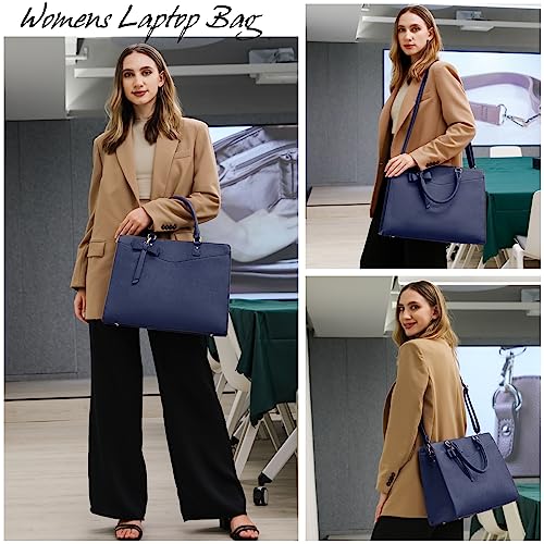 RAINSMORE Laptop Bag for Women 15.6 Inch PU Tote Bag Business Office Work Bag Waterproof Briefcase Computer Tote Lightweight Handbag Shoulder, Blue - color: Blue