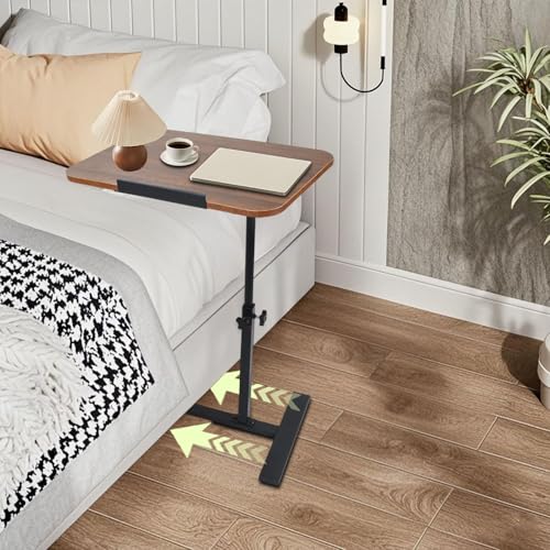 Adjustable Overbed Table, Overbed Bedside Table with Hidden Casters, 360° Swivel C Shaped Side Table, Mobile Laptop Computer Standing Desk for Home and Hospital Use (Walnut) - color: Walnut