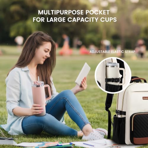 LOVEVOOK Laptop Backpack for Women with Pouch Pocket for Large Capacity Cup,15.6 Inch Laptop Computer Bag Travel Backpack Purse,Work Business Backpack College Teacher Bags,Beige-Black-Brown + V-shaped - color: Beige - Black - Chestnut Brown + V-shaped, si