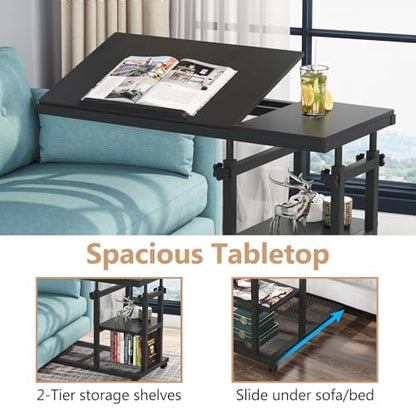 Tribesigns Height Adjustable C Table with Wheels, Mobile Couch Snack Side Table with Tiltable Drawing Board, Sofa Bedside Laptop Stand C Shaped TV Tray with Storage Shelves (Black) - color: Black