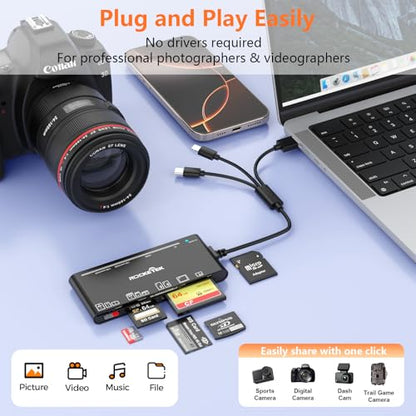 USB-C/USB3.0/Lightning Multi Card Reader Hub for SD,CF,Micro SD,XD,MS Cards | 5Gbps High-Speed Transfer Reader Adapter,Plug&Play,Compatible with iPhone/Samsung/Windows/Mac/Linux for Photographer,Vlogger