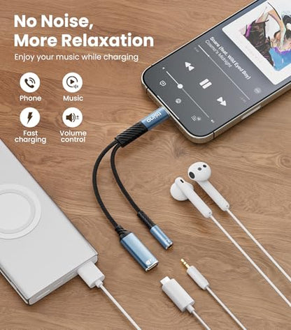 Tisino USB C to 3.5mm Headphone and Charger Adapter, Aux to USB C & 60W PD Charging, HiFi DAC 32bit/384kHz, USB C to Headphone Jack Adapter for iPhone 16 15/Samsung S25/S24/Pixel 8/7