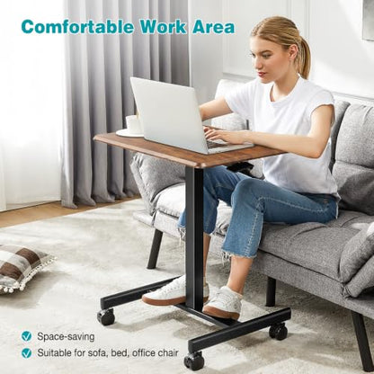 DUMOS Mobile Small Standing Desk, Portable Rolling Laptop Desk with 2 Lockable Wheels, Adjustable Height Computer Workstation for Home Office, 19 Inch Brown - color: Brown