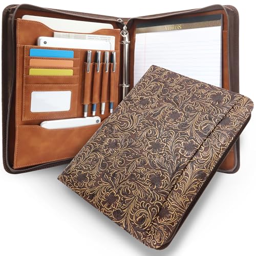 Zippered 3 Ring Portfolio Binder, Padfolio Organizer for Women | Embossed faux leather organizer fits Letter/A4 pads and 13.9 in tablet, with card slots and pen holders for work. - color: Vintage Floral, size: Zipper Portfolio(13.7"x11"x1.57")