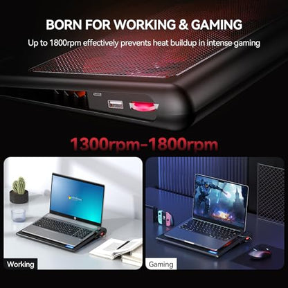 TECKNET Laptop Cooling Pad - 12"-15.6" Laptops Cooler, Powerful Cooler and Ultra Quiet for Gaming Laptops Pad, 2 Wind Speed Adjustable, USB A & C Powered Cooler Stand with Laptop Fan LED (Red) - color: Red