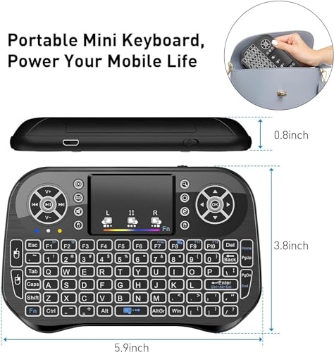 Mini Wireless Keyboard with Touchpad Mouse Combo, 7 Colors RGB Backlit, Portable 2.4 Ghz Mini Keyboard with Rechargable Li-ion Battery for Android Box, Smart TV, Pad, PC, HTPC, Tablet and Windows OS