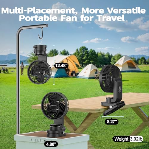 AMACOOL Battery Operated Camping Fan with Light, 20000mAh Rechargeable Clip on Fan with Hook & Digital Display, 112Hrs Running, 9 Speed, 360° Rotation Portable Small Fans for Tent Camping RV Travel - color: Black