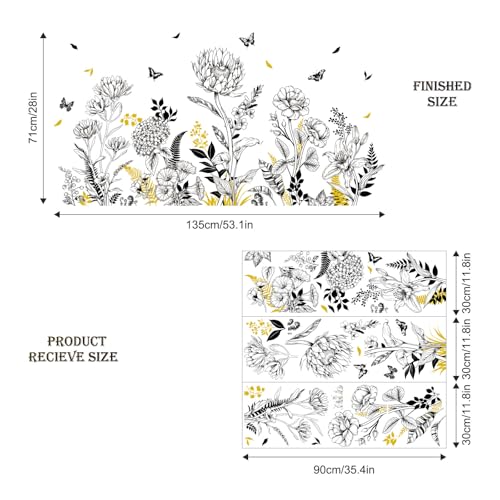 Black Yellow Flower Wall Decals, 3 Sheets Sketch Garden Floral Wall Stickers Simple Line Wildflower Grass Butterflies Art Decor Bedroom Bathroom Hallway Sofa Gifts for Mom(11.8x35.4 in/Sheet) - style: Black Yellow Flower Set
