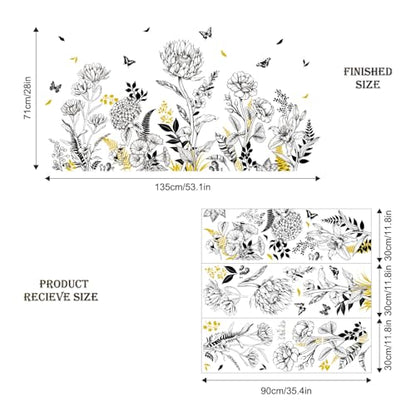 Black Yellow Flower Wall Decals, 3 Sheets Sketch Garden Floral Wall Stickers Simple Line Wildflower Grass Butterflies Art Decor Bedroom Bathroom Hallway Sofa Gifts for Mom(11.8x35.4 in/Sheet) - style: Black Yellow Flower Set