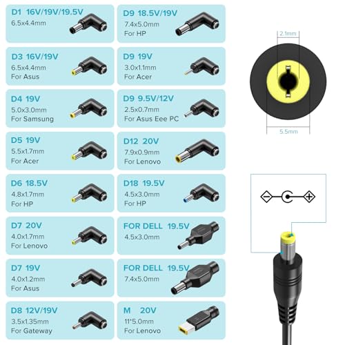 Powseed 65W Universal Laptop Charger for Lenovo HP Dell Acer ASUS Gateway Samsung Monitor Power Cord 5V 6V 10V 12V 13.5V 14V 15V 16V 18V 18.5V 19V 19.5V 20V DC Power Supply AC Adapter with 16 Tips