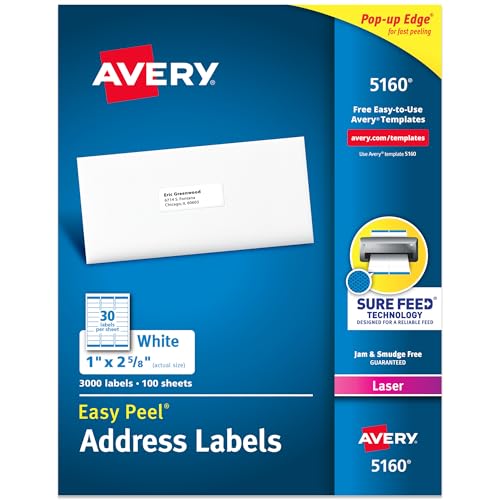 Avery Easy Peel Printable Address Labels with Sure Feed, 1" x 2-5/8" Customizable Stickers, White, 3,000 Blank Mailing Labels, Great for Mailing, Shipping, and More (5160) - size: 1" x 2 5/8", style: 3,000 labels