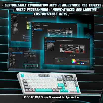 LINGBAO K98 PRO 96% Wireless Mechanical Gaming Keyboard with Screen & Knob | Tri-Mode BT5.0/2.4G/USB-C, Gasket Mount Hot Swappable Linear Switches, RGB Backlit Creamy Sounding for PC/Mac Office& Gaming - color: K98Pro | 10000mAh | White Blue Grey