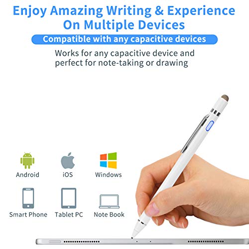 2-in-1 Active Stylus Digital Pen with 1.5mm Ultra Fine Tip for iPad iPhone Samsung Tablets, Work on Touchscreen Phones and Tablets,Good at Drawing and Writing, White