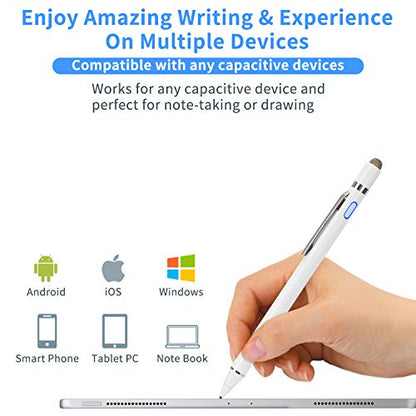 2-in-1 Active Stylus Digital Pen with 1.5mm Ultra Fine Tip for iPad iPhone Samsung Tablets, Work on Touchscreen Phones and Tablets,Good at Drawing and Writing, White