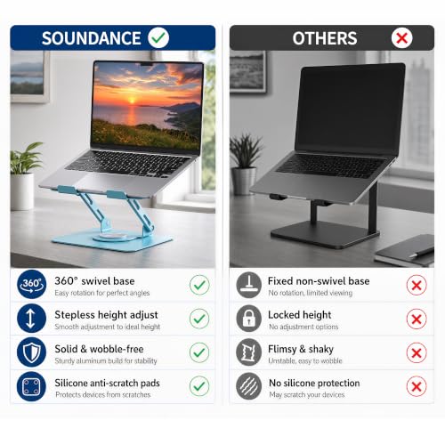 SOUNDANCE 360 Rotating Laptop Stand, Ergonomic Computer Riser for Desk, Adjustable Height Multi-Angle Metal Holder, Foldable Portable Notebook Elevating Base for Office & Home, Blue - color: Blue