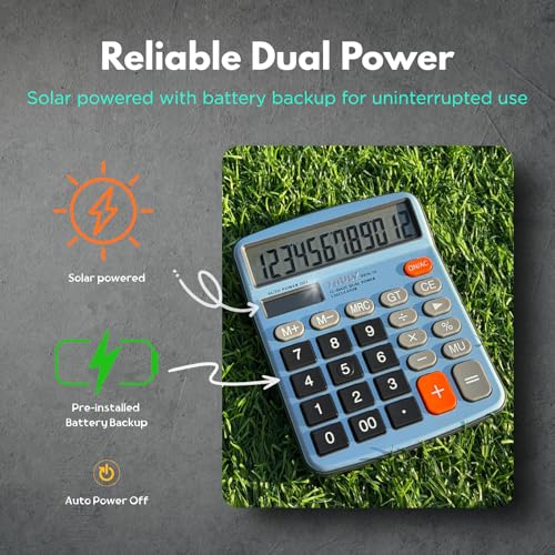 TRULY 12-Digit Desktop Calculator with Large Display, Big Buttons, Dual Power (Solar + Battery), Metal Finish, Ideal for Office, Home, School – 837A Pro Light Blue - color: Light Blue