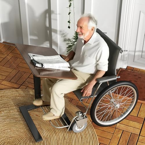 ETHU Compact Overbed Table with Tilting Tabletop, 20-29.7 Inch Adjustable Height Mobile Table for Hospital and Home, Adjustable Bedside Table with Safety Edge for Wheelchair, Sofa and Treadmill, Brown - color: Wood