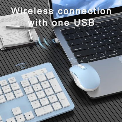 MPTOG Wireless Keyboard and Mouse Combo, Full-Size 104-Key Office Keyboard with 15 Function Keys, Numeric Keypad, Single USB Receiver, Compatible with PC and Laptop(Blue White) - color: Blue White