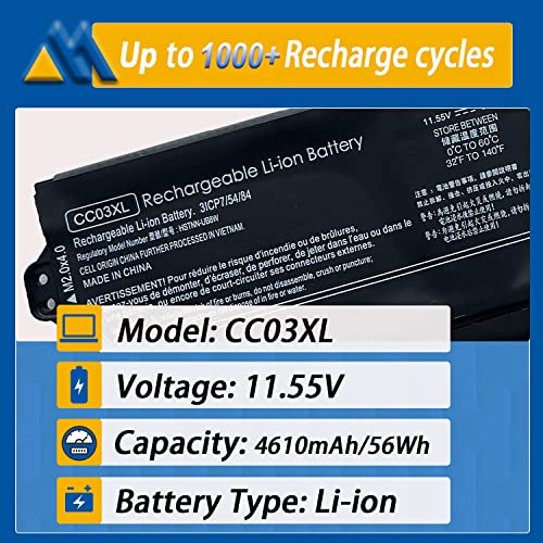 CC03XL 56Wh Laptop Battery Replacement for HP ZBook Firefly 15 G7 G8 EliteBook 855 850 G7 G8 Series Notebook HSTNN-UB8W HSTNN-DB9O L77622-2C1 L77622-2C2 L77622-541 L77991-005【11.55V 4610mAh】 - size: 10.63*3.16*0.28 inch CC03XL(56WH)