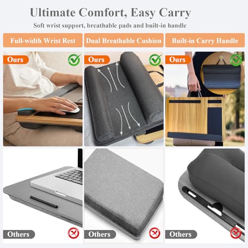Lap Desk - Laptop Tray for Bed, Lapdesk with Cushion for Couch Sofa Fits up to 17.3” Laptop, Lap Table with Portable Handle,Self-Adhesive Mousepad with Foldable Metal Device Stand(Light Brown)