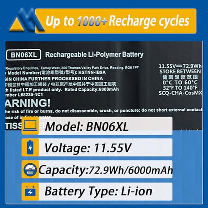 72.9Wh BN06XL L68299-005 Laptop Battery Replacement for HP Spectre X360 15 15-EB 15-EB0005UR X360 Convertible 15-EB0005NI Series Notebook BN06072XL L68235-1C1 HSTNN-IB9A 68299-0055 11.55V - size: 11.95*3.43*0.30 inch BN06XL