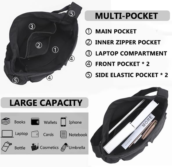 VODIU Canvas Messenger Bag Large Hobo Crossbody bags for Women,Men, Shoulder Tote Handbags with Laptop pocket - color: Black-1
