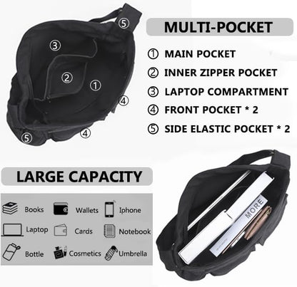 VODIU Canvas Messenger Bag Large Hobo Crossbody bags for Women,Men, Shoulder Tote Handbags with Laptop pocket - color: Black-1