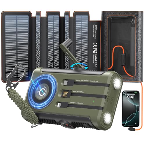 Solar Charger Power Bank Kit: 20000mAh Wireless Portable Charger with 10W Foldable 5 Panels Storage Bag,Hand Crank Emergency & 20W PD Fast Charging External Battery Pack for Camping Travel