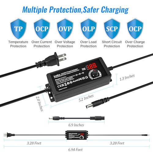 SoulBay 72W Universal Power Supply, 3V-24V 3A, Volt Display, 14 Tips | Adjustable AC/DC Adapter, Reverse Polarity Cable, 3000mA Max, For Household Electronics, LED Strips, Routers, Cameras