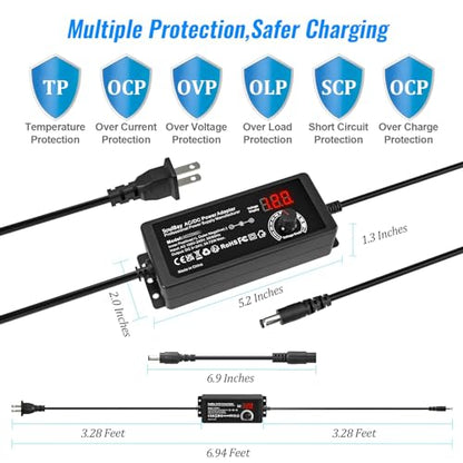 SoulBay 72W Universal Power Supply, 3V-24V 3A, Volt Display, 14 Tips | Adjustable AC/DC Adapter, Reverse Polarity Cable, 3000mA Max, For Household Electronics, LED Strips, Routers, Cameras