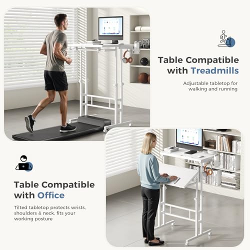 DUMOS Rolling Standing Desk, Sit Stand Desk, Computer Cart | Manual Height Adjustable, Split Top Mobile, Laptop Workstation, Portable Home Office, Walking Pad Study Surface, White - color: White