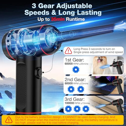 Compressed Air Duster, Cordless Air Blower & Hand Pump Car Vacuum Cleaner Portable Rechargeable Mini Handheld Computer Keyboard Duster Cleaner(Black)