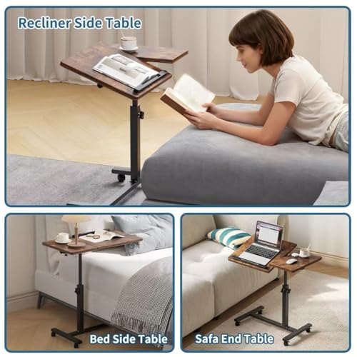 Adjustable Overbed Table with Wheels, Versatile Bedside Laptop Desk with 180° Flip Top, Height Adjustable Rolling Side Table for Bed, Sofa, or Recliner, Brown - color: Rustic Brown