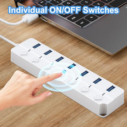 USB Hub 7 Port, USB Splitter with Individual On/Off Switches and Lights | USB 3.0 Hub with 3.3ft Cable, Extender for A Port Laptop, PC, Desktop-White - color: White