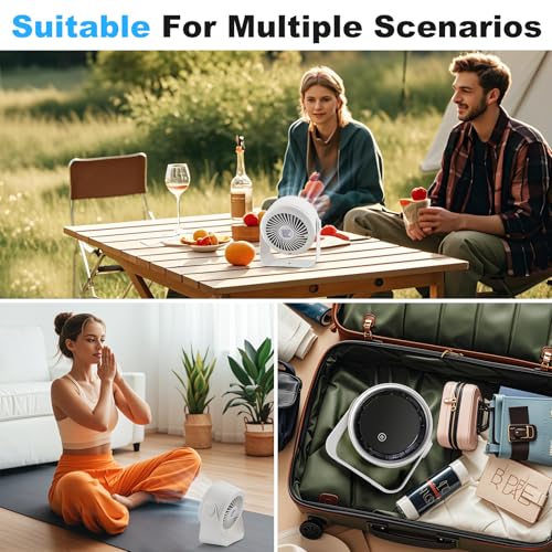 Small Desk Fan 5000mAh Rechargeable Battery Powered -Retro Low Noise Quiet Portable with LED Night Light Office Bedroom Table Top Wall Hanging Kitchen Camping Dorm 5-Speed 360° Rotation - color: White