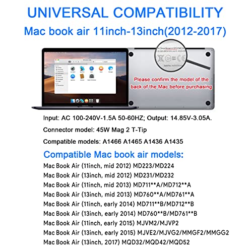 Mac Book Air Charger, Replacement AC 45W T-tip Power Adapter Laptop Charger for Mac Book Air 11-inch and 13-inch After Mid 2012(Applicable to 2012-2017 Not for After 2018)