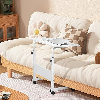 Karl home Mobile Side Table 31.5 inch Computer Desk with Wheels, White | Height Adjustable Rolling Potable Laptop Cart, C-Shaped Bed Couch Sofa End Tables with Edge Stopper for Livingroom Bedroom - color: White, size: 31.5"+No Power Sockets