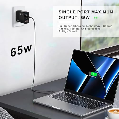DCV 65W USB C Charger, GaN 3-Port Fast Charging Block with LED Digital Display, PD/PPS/QC 3.0 Foldable Wall Charger for Laptops, MacBook, iPhone 15/14/13, iPad Pro, Galaxy S23/S22, Note 20/10 (Black)
